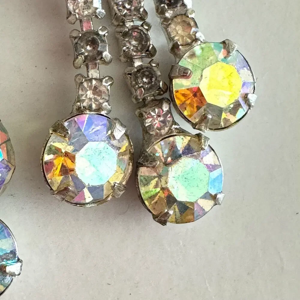 2.5” Vintage Rainbow Aurora Borealis Crystal Flower Dangle Clip Earrings Silver